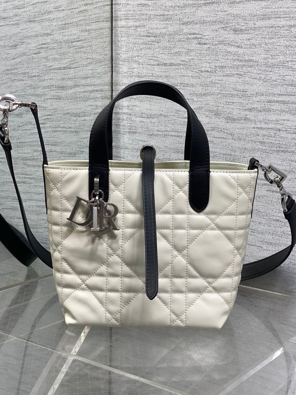 Toujours Vertical Small Bag — White & Black with Silver Hardware