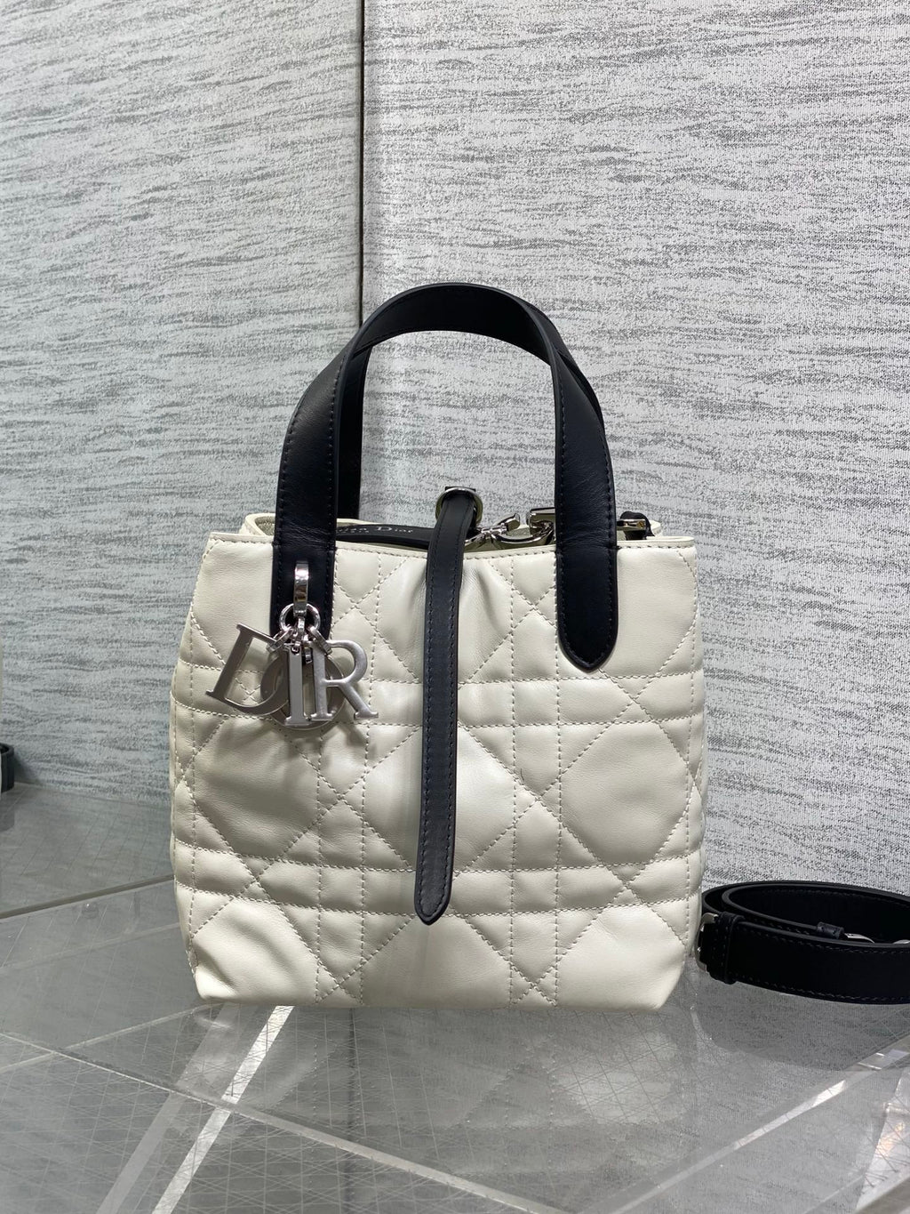 Toujours Vertical Small Bag — White & Black with Silver Hardware