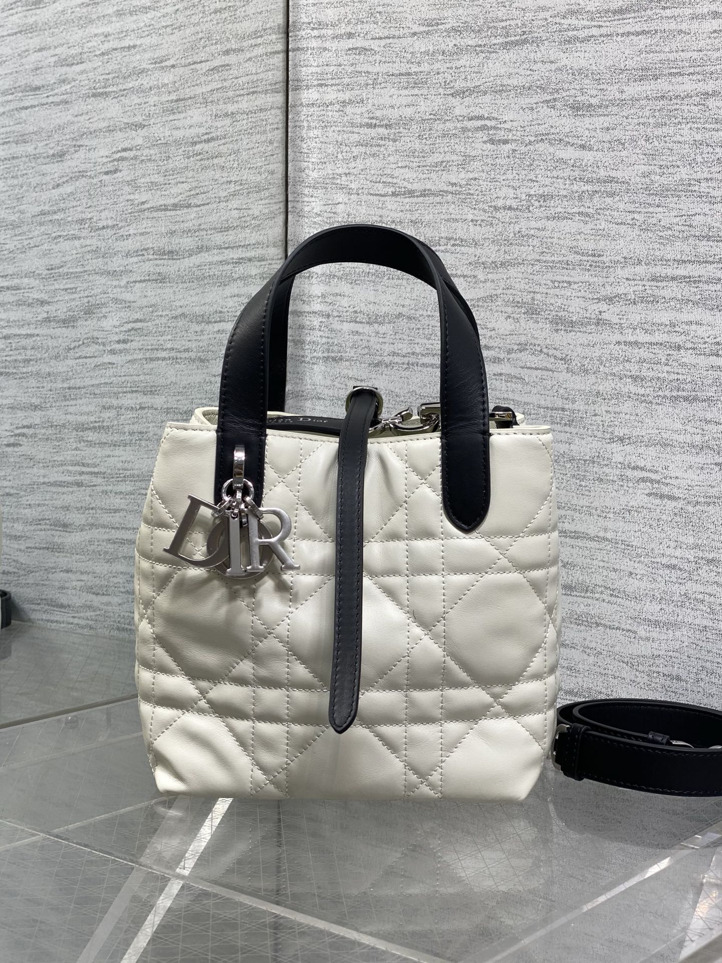 Toujours Vertical Small Bag — White & Black with Silver Hardware