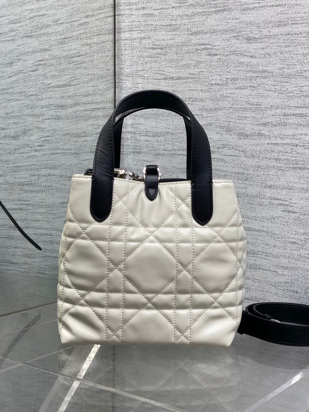 Toujours Vertical Small Bag — White & Black with Silver Hardware