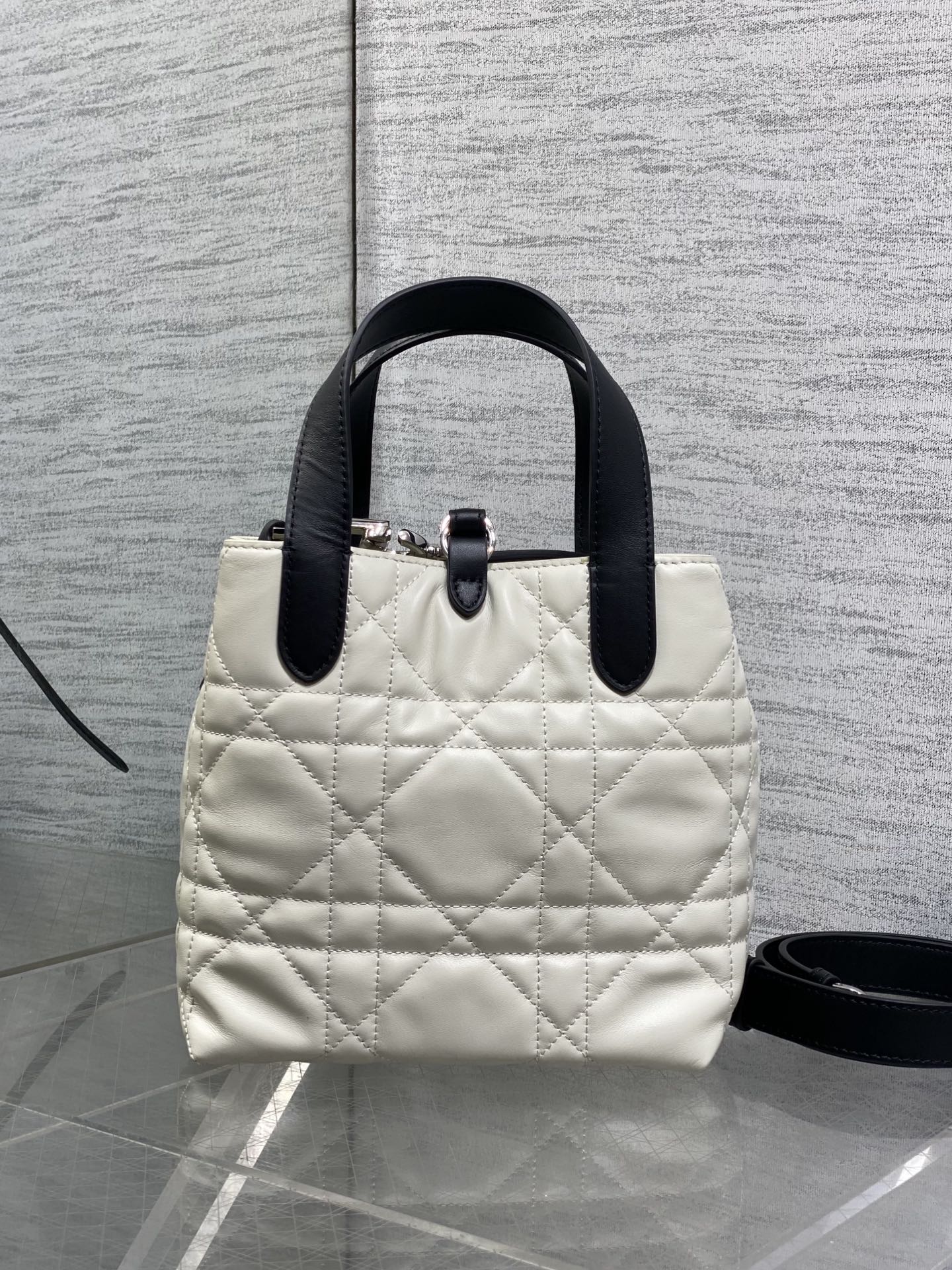 Toujours Vertical Small Bag — White & Black with Silver Hardware