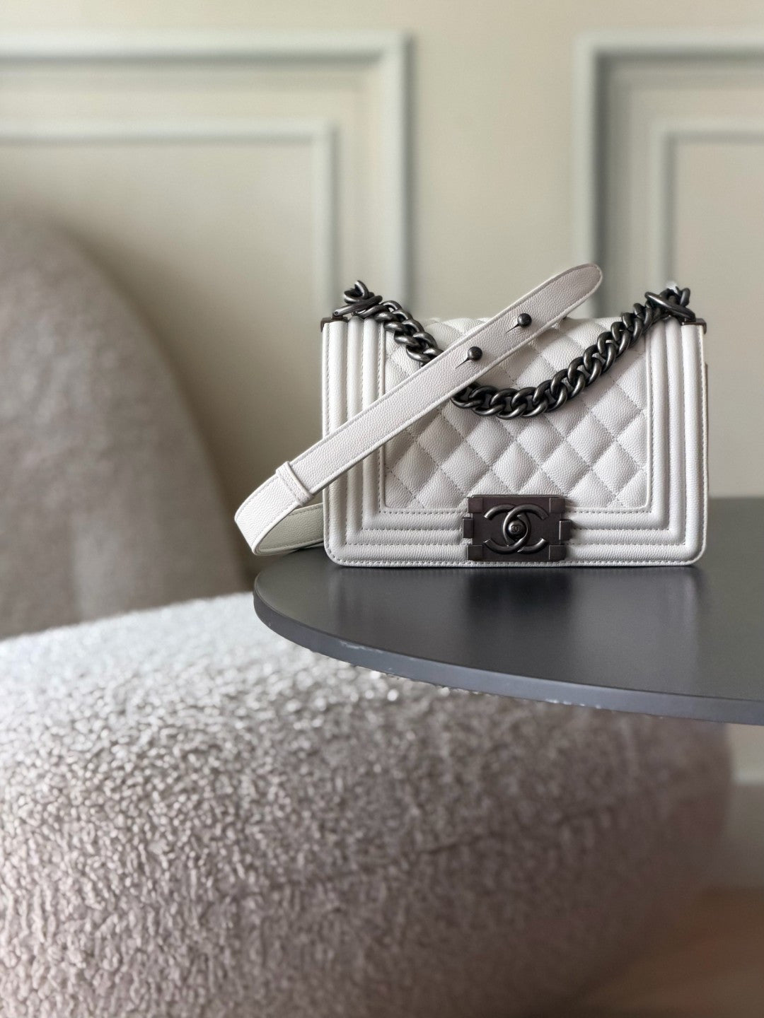 Chanel 26 A Le Boy Bag — White with Antique Silver Hardware