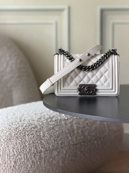 Chanel 26 A Le Boy Bag — White with Antique Silver Hardware