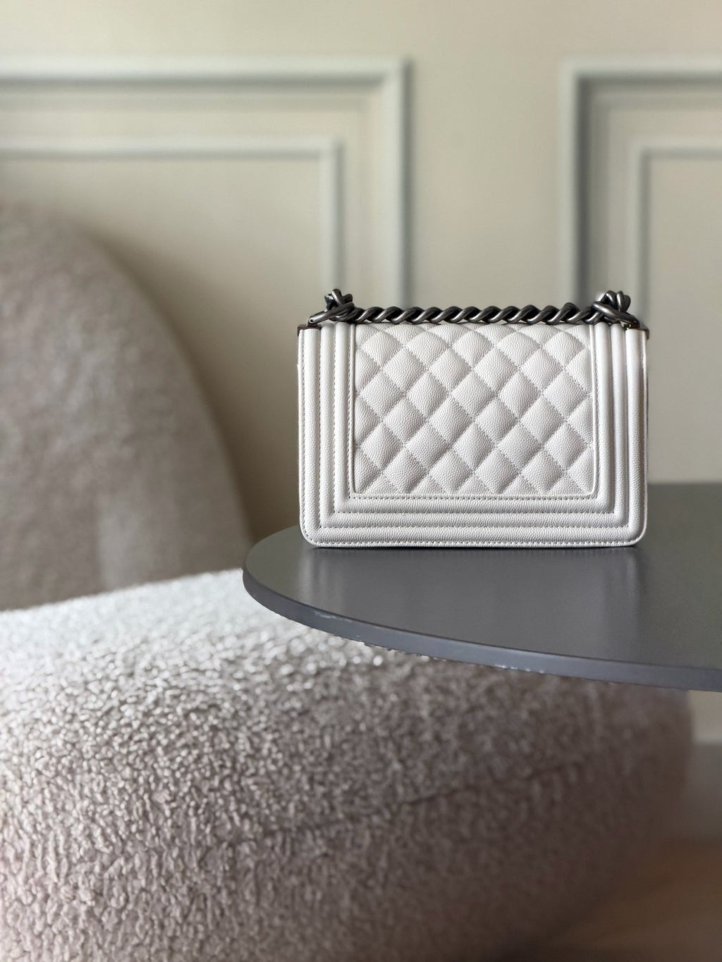 Chanel 26 A Le Boy Bag — White with Antique Silver Hardware