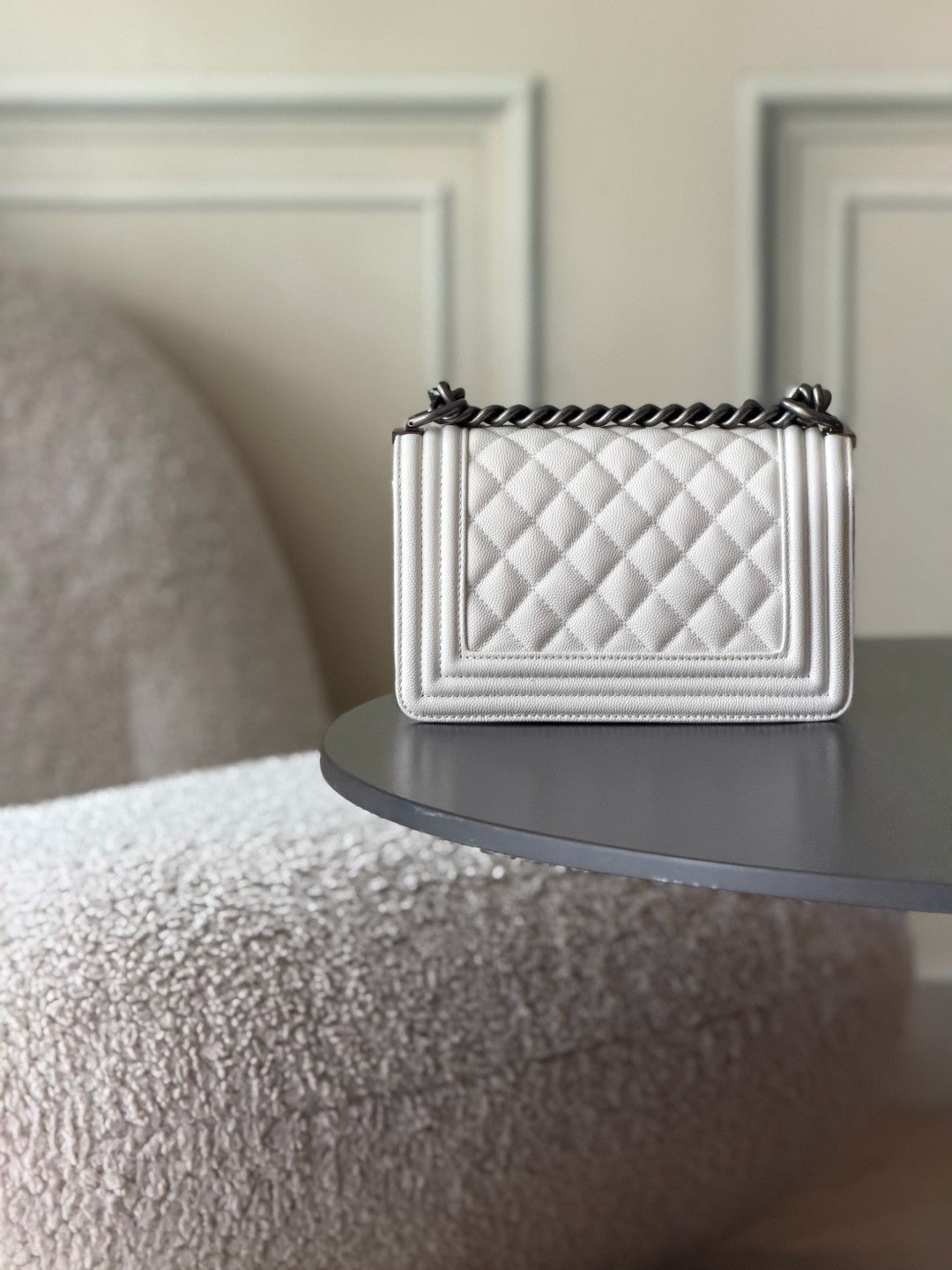 Chanel 26 A Le Boy Bag — White with Antique Silver Hardware