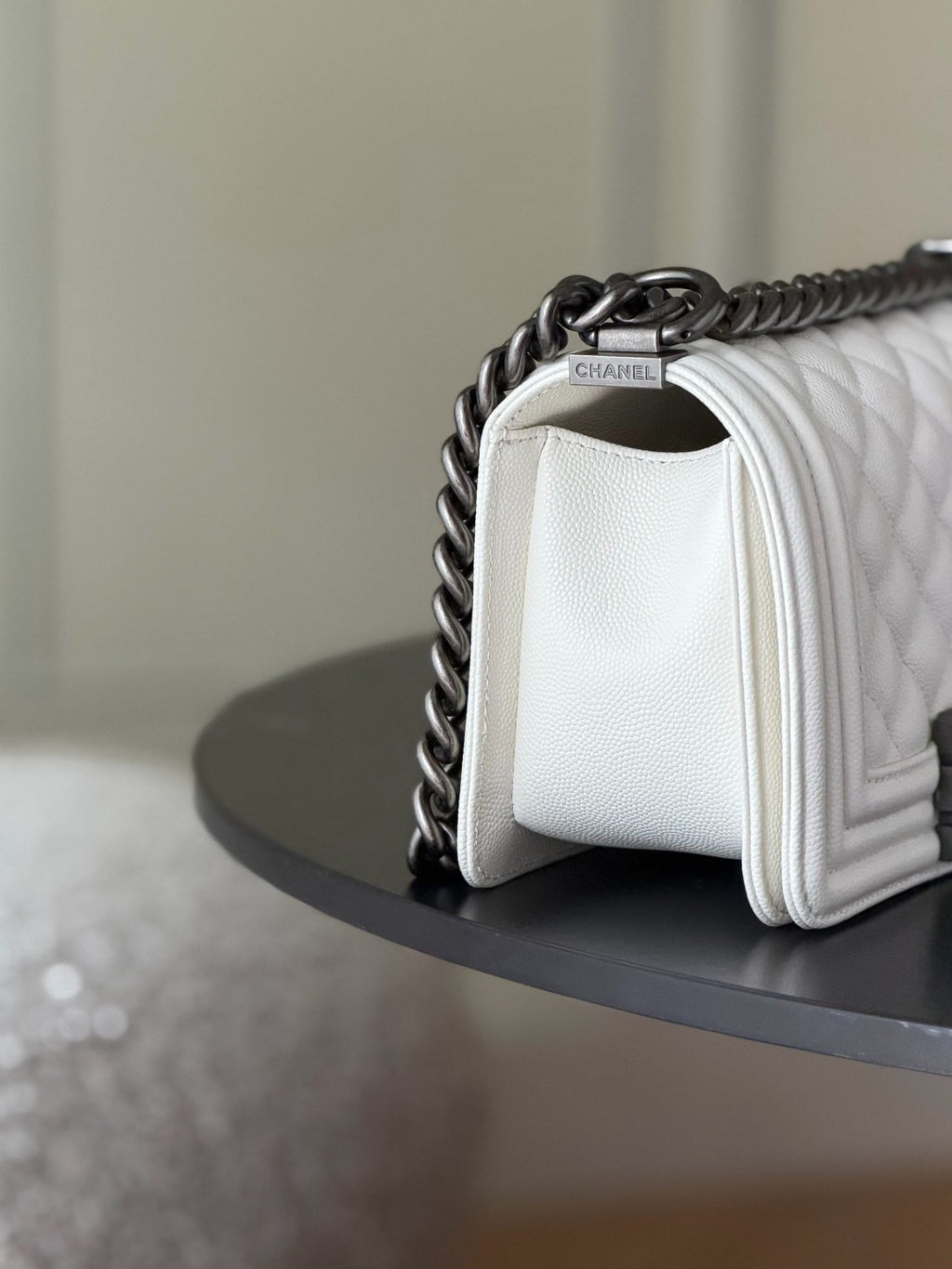 Chanel 26 A Le Boy Bag — White with Antique Silver Hardware