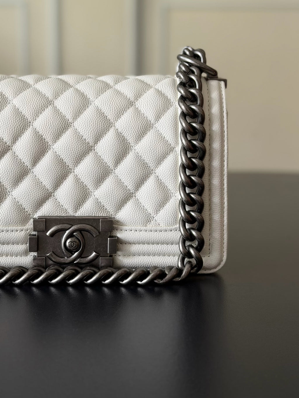 Chanel 26 A Le Boy Bag — White with Antique Silver Hardware