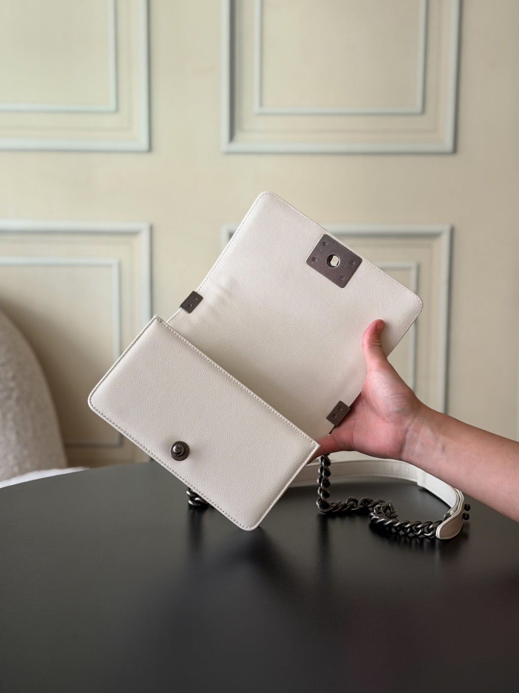 Chanel 26 A Le Boy Bag — White with Antique Silver Hardware