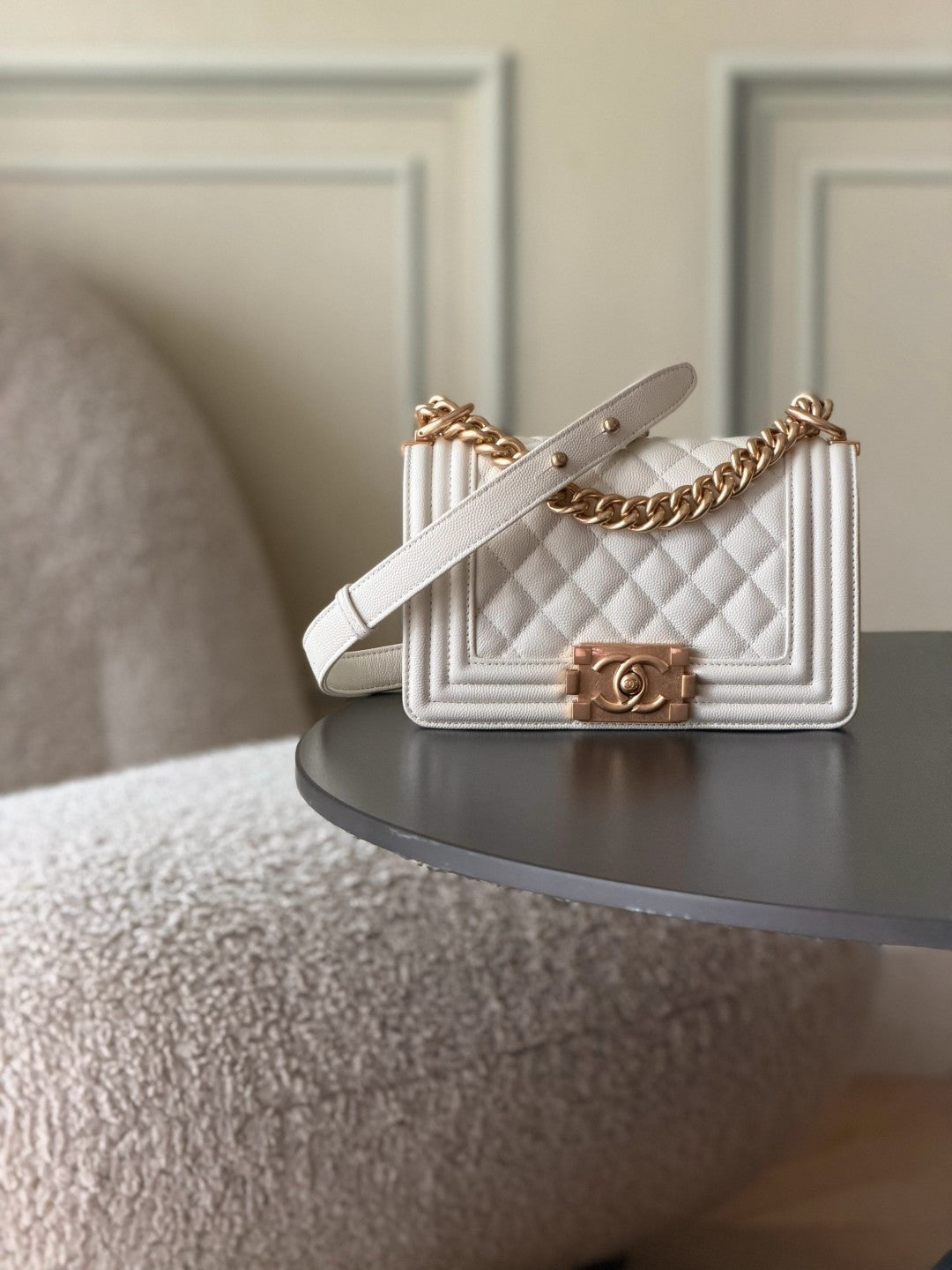 Chanel 26 A Le Boy Bag — White with Antique Gold Hardware