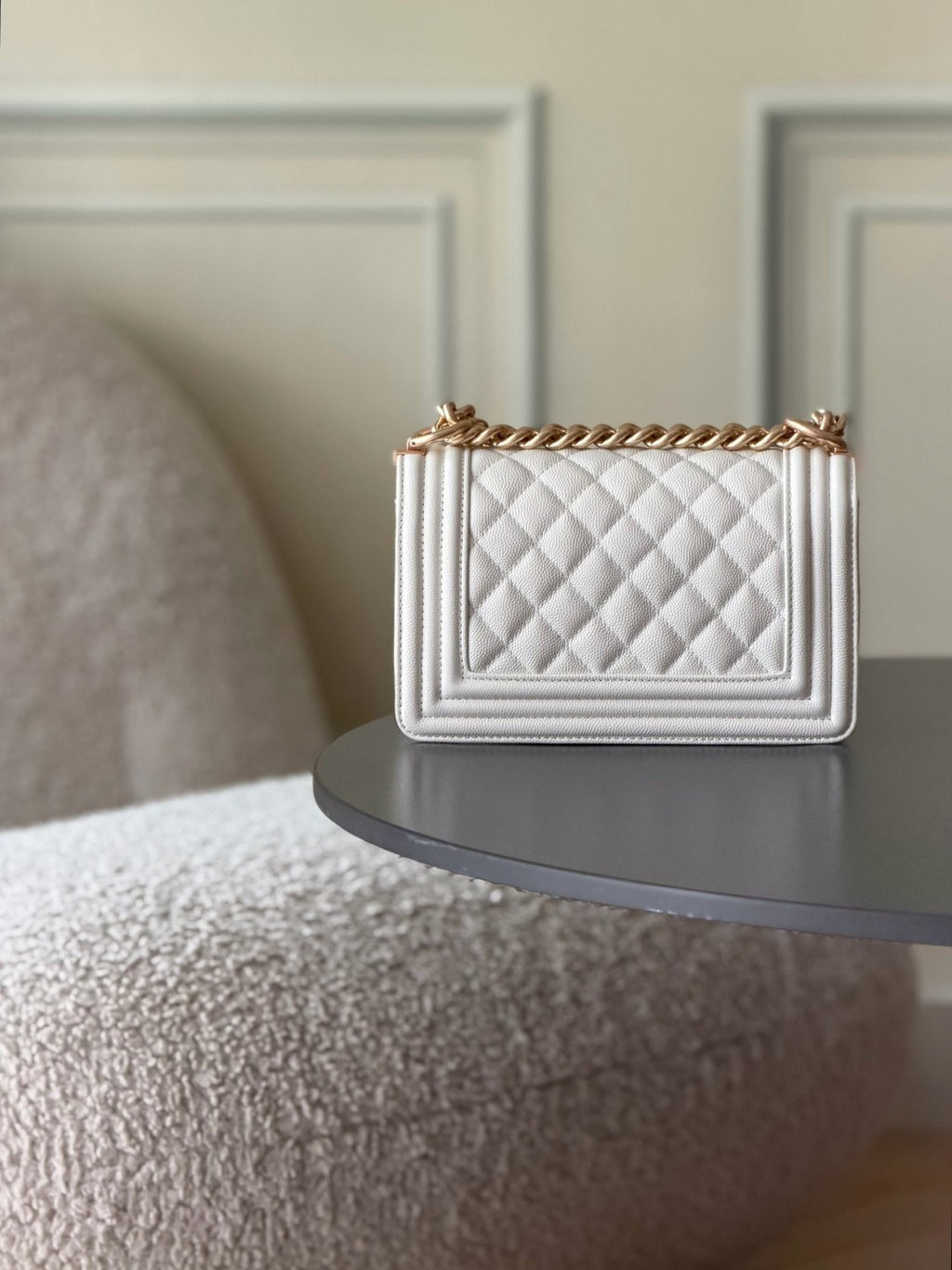 Chanel 26 A Le Boy Bag — White with Antique Gold Hardware