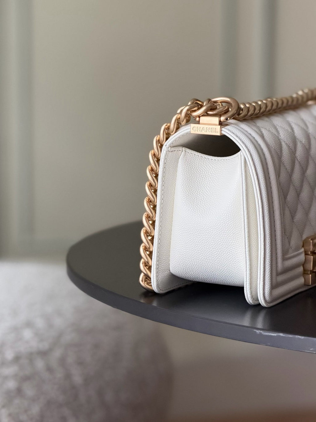 Chanel 26 A Le Boy Bag — White with Antique Gold Hardware