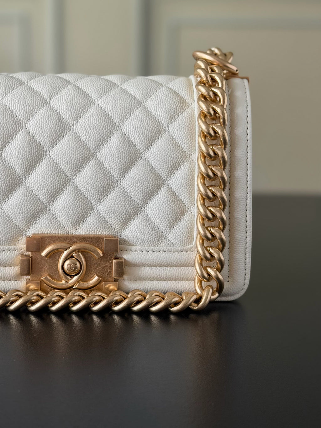 Chanel 26 A Le Boy Bag — White with Antique Gold Hardware