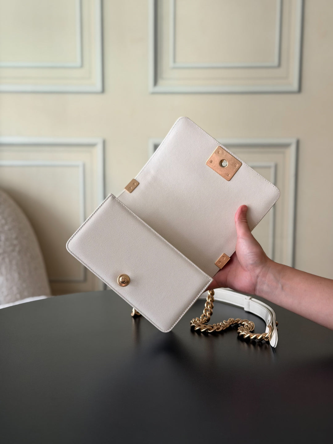 Chanel 26 A Le Boy Bag — White with Antique Gold Hardware