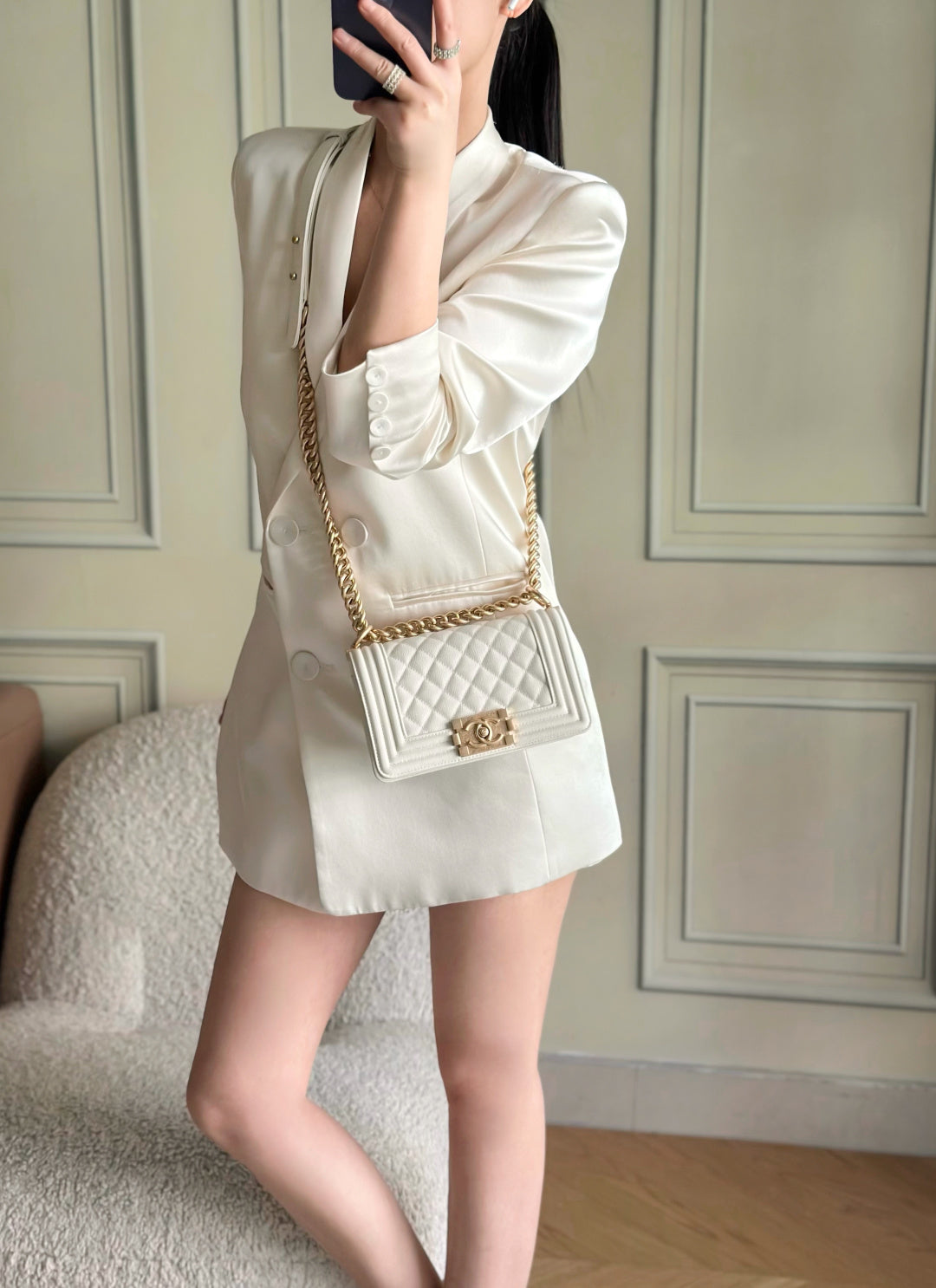 Chanel 26 A Le Boy Bag — White with Antique Gold Hardware