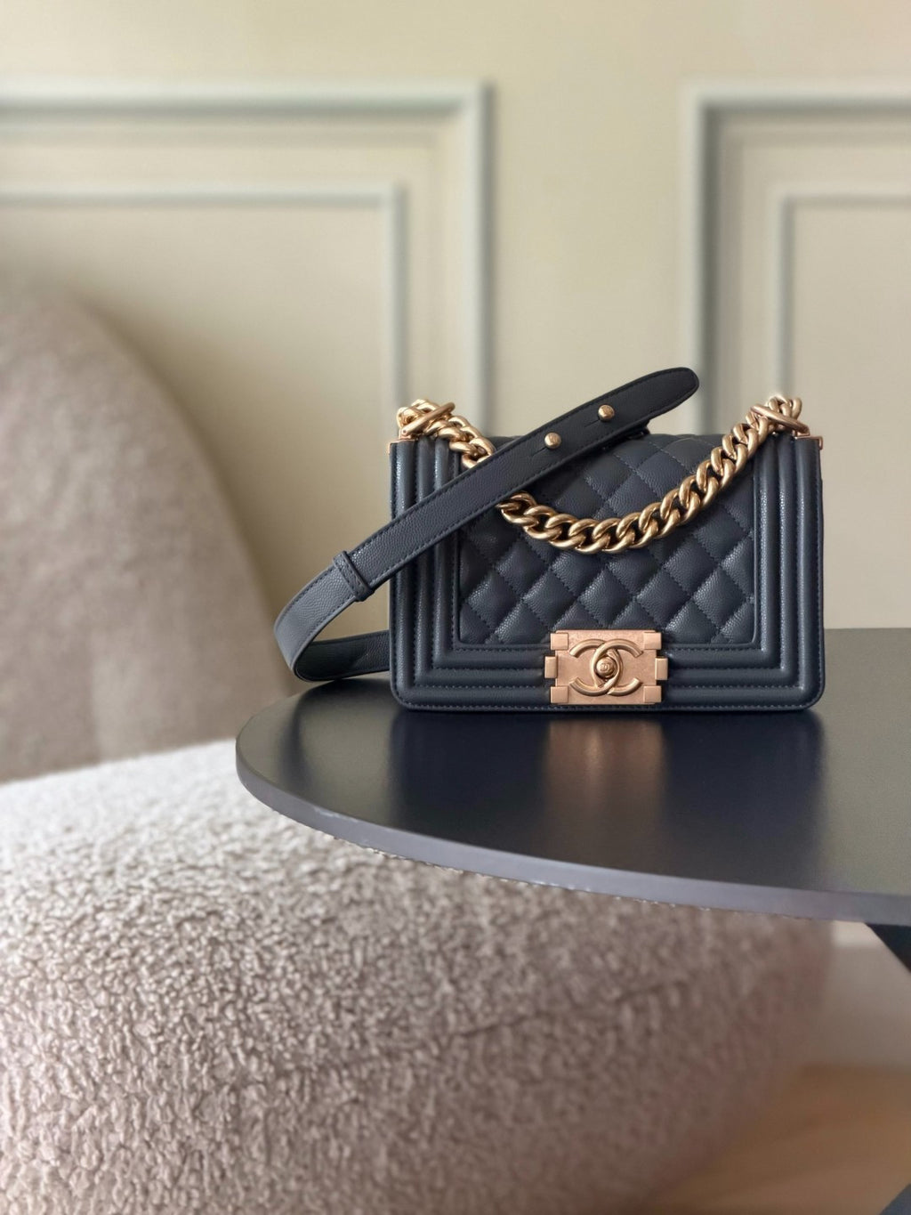 Chanel 26 A Le Boy Bag — Dark Grey with Antique Gold Hardware