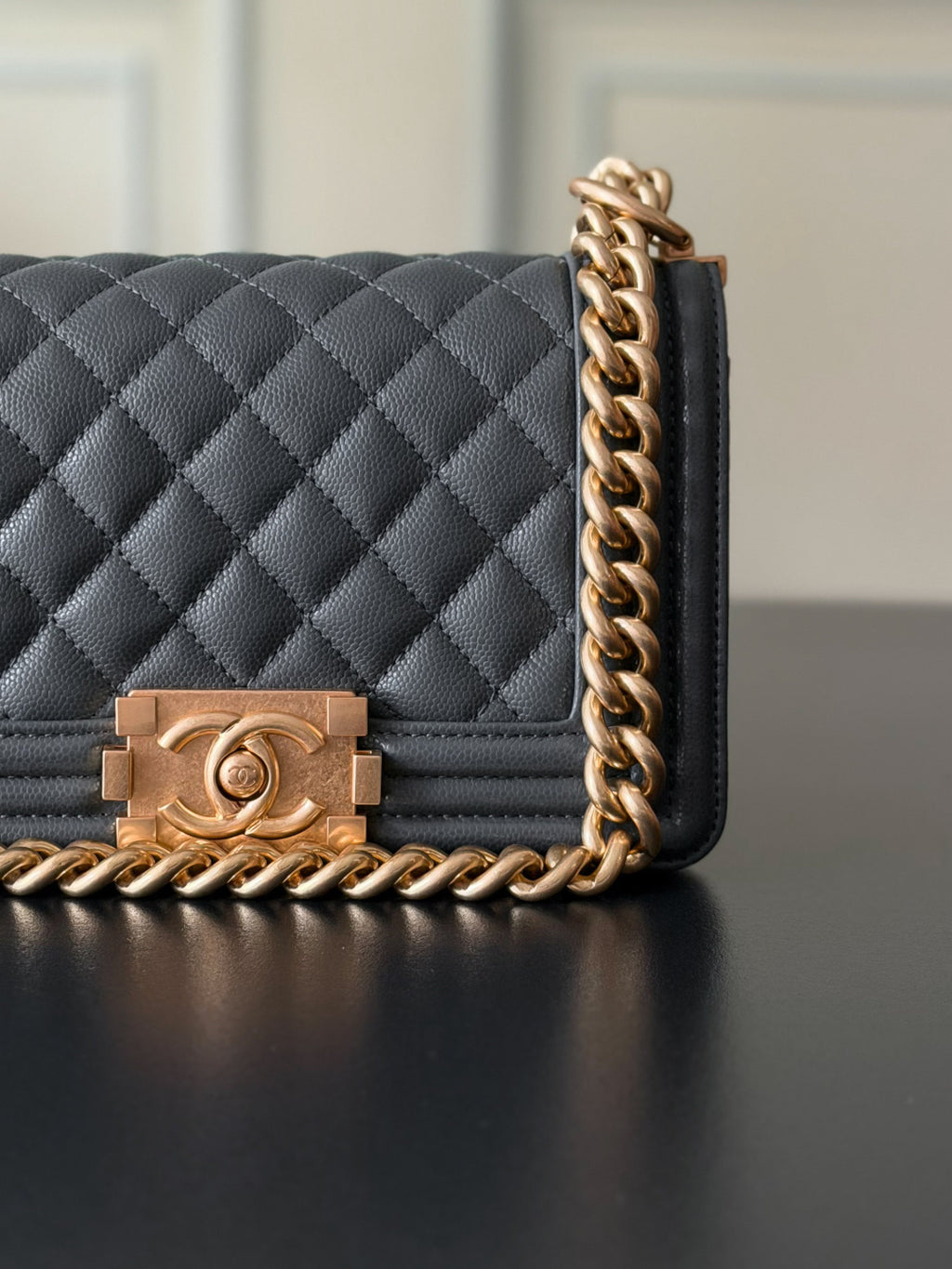 Chanel 26 A Le Boy Bag — Dark Grey with Antique Gold Hardware