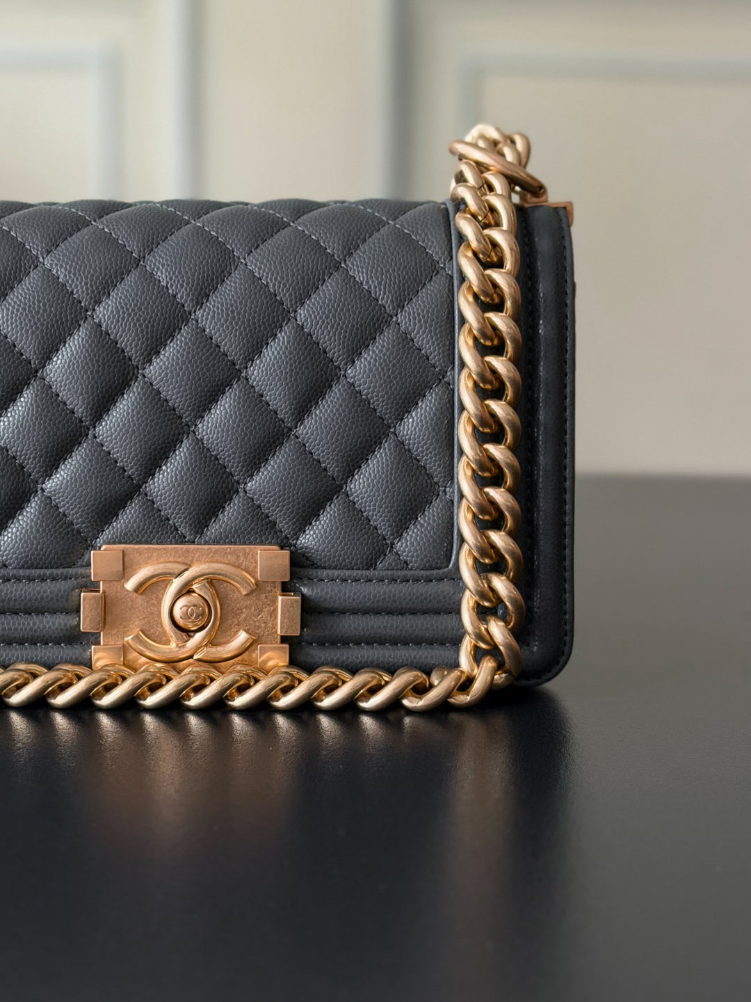 Chanel 26 A Le Boy Bag — Dark Grey with Antique Gold Hardware