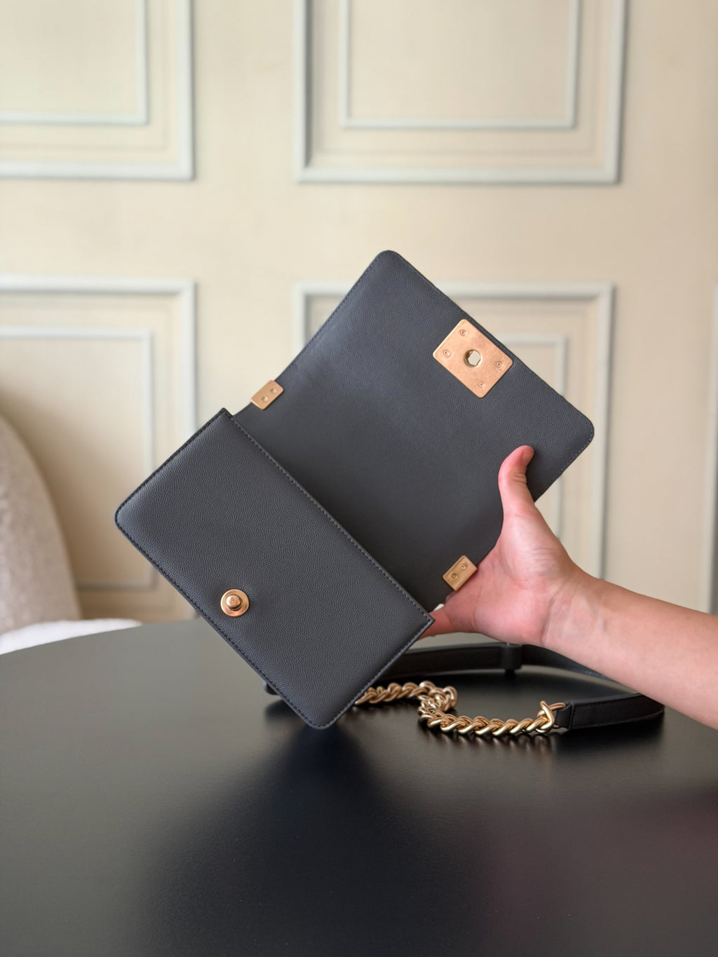 Chanel 26 A Le Boy Bag — Dark Grey with Antique Gold Hardware