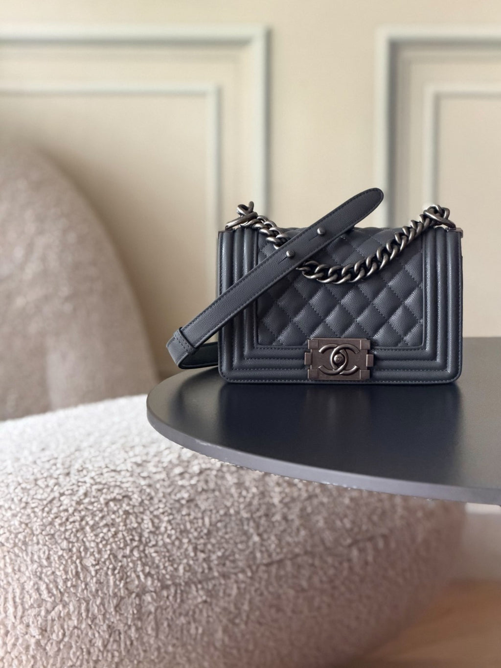 Chanel 26 A Le Boy Bag — Dark Grey with Antique Silver Hardware