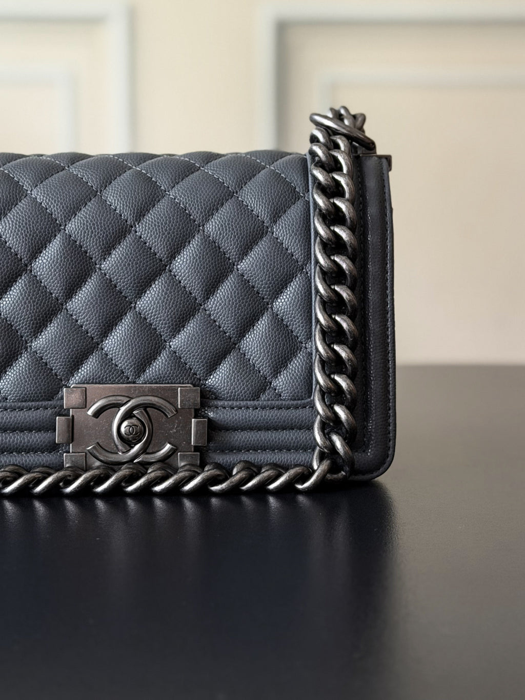 Chanel 26 A Le Boy Bag — Dark Grey with Antique Silver Hardware