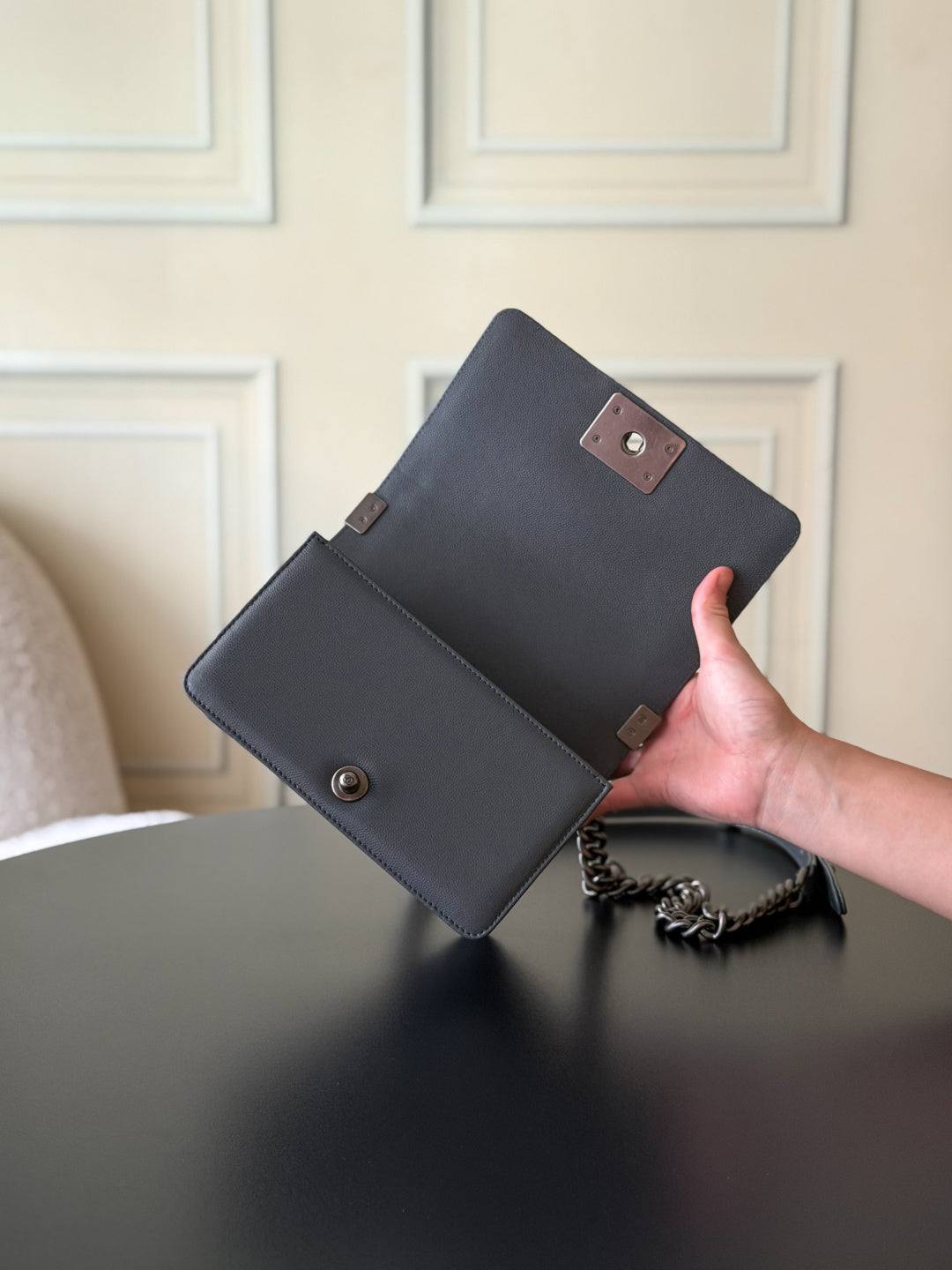 Chanel 26 A Le Boy Bag — Dark Grey with Antique Silver Hardware