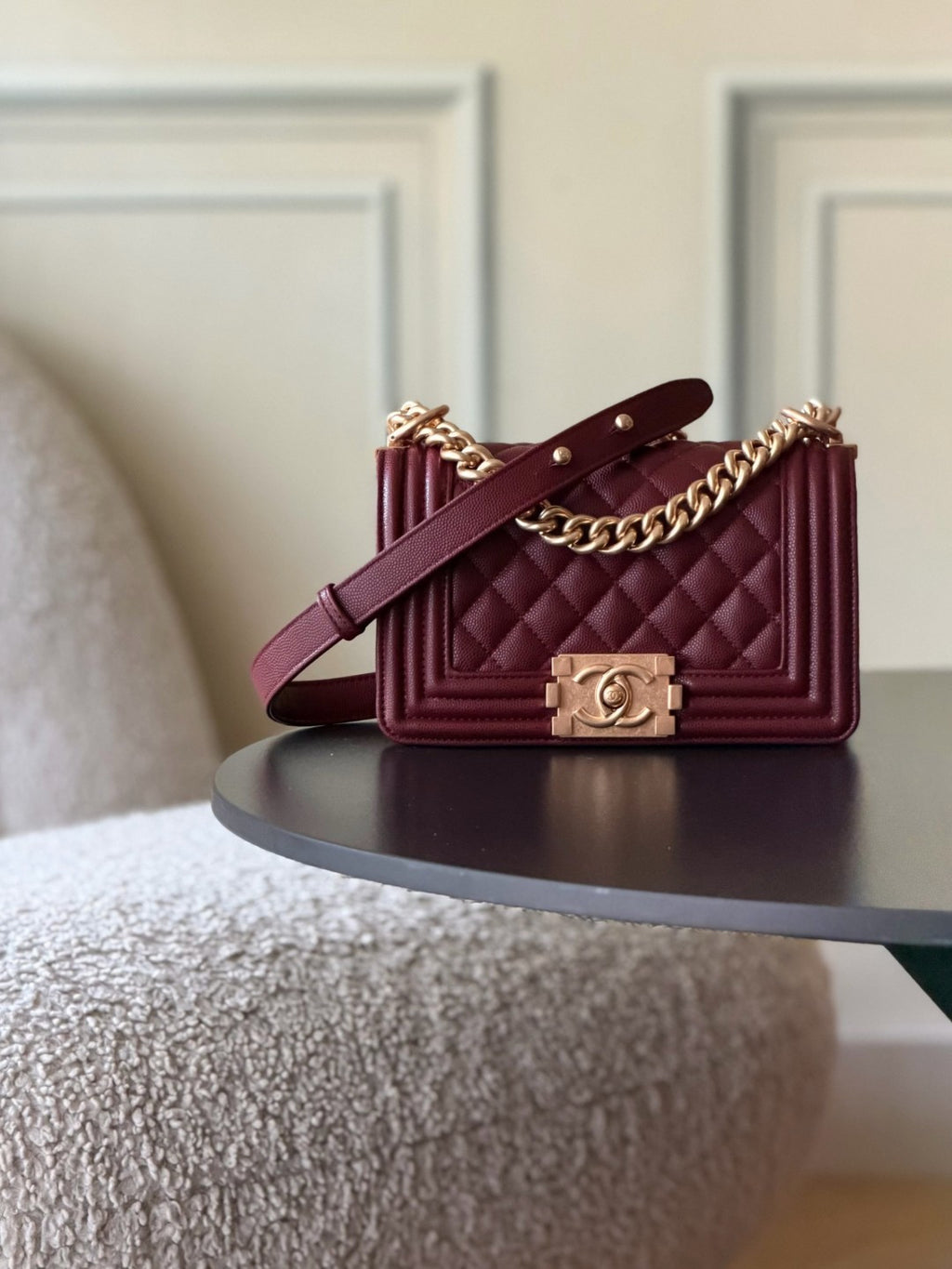 Chanel 26 A Le Boy Bag — Date Red with Antique Gold Hardware