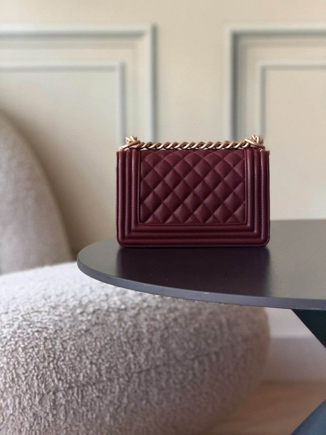 Chanel 26 A Le Boy Bag — Date Red with Antique Gold Hardware