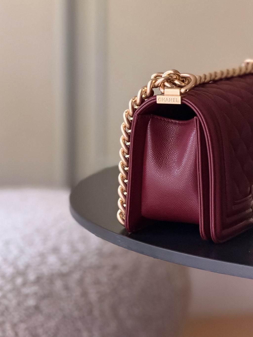 Chanel 26 A Le Boy Bag — Date Red with Antique Gold Hardware