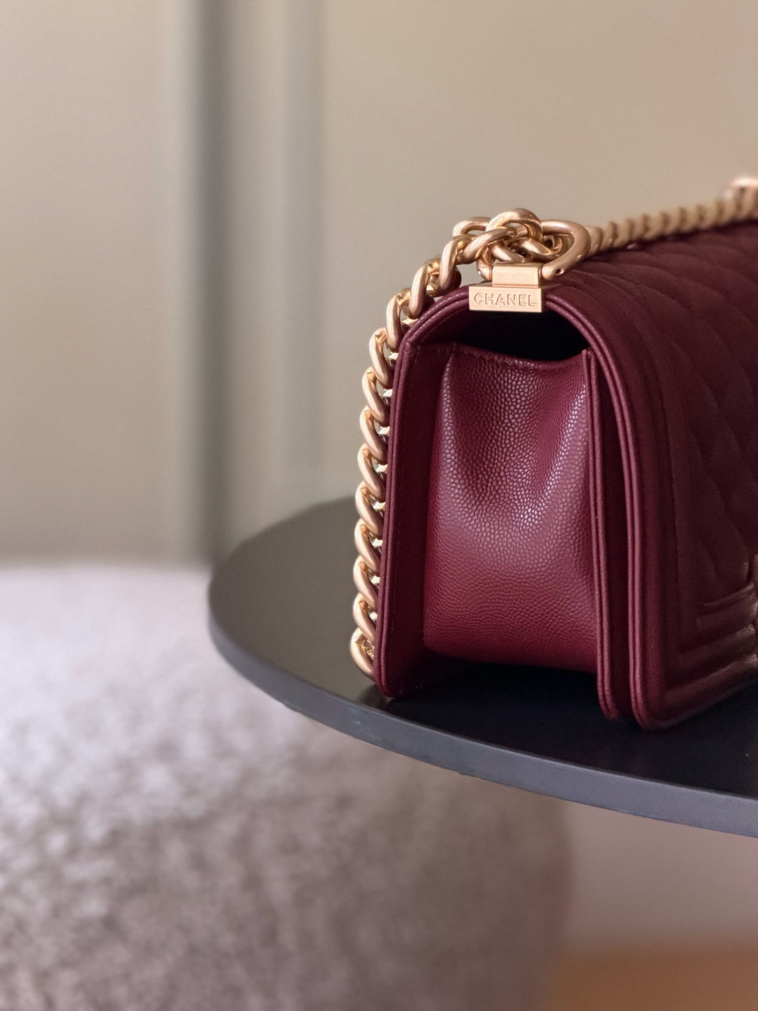 Chanel 26 A Le Boy Bag — Date Red with Antique Gold Hardware