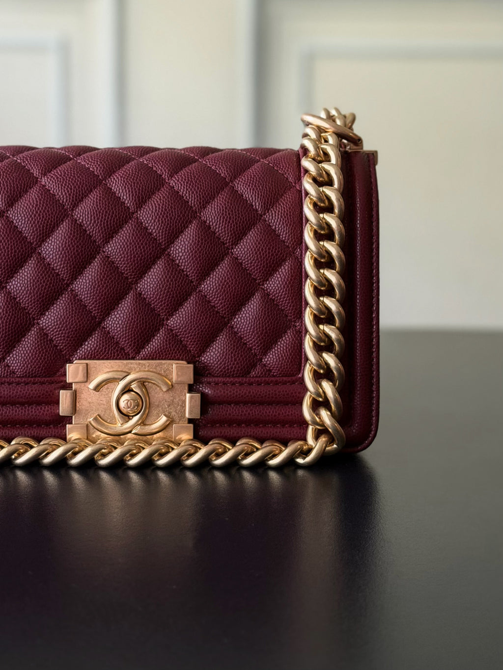 Chanel 26 A Le Boy Bag — Date Red with Antique Gold Hardware