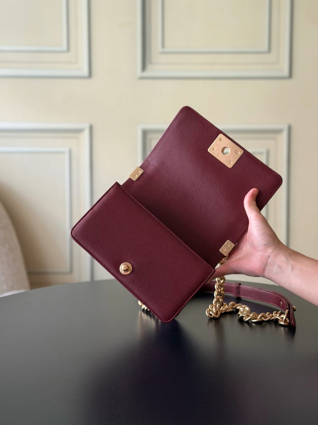 Chanel 26 A Le Boy Bag — Date Red with Antique Gold Hardware