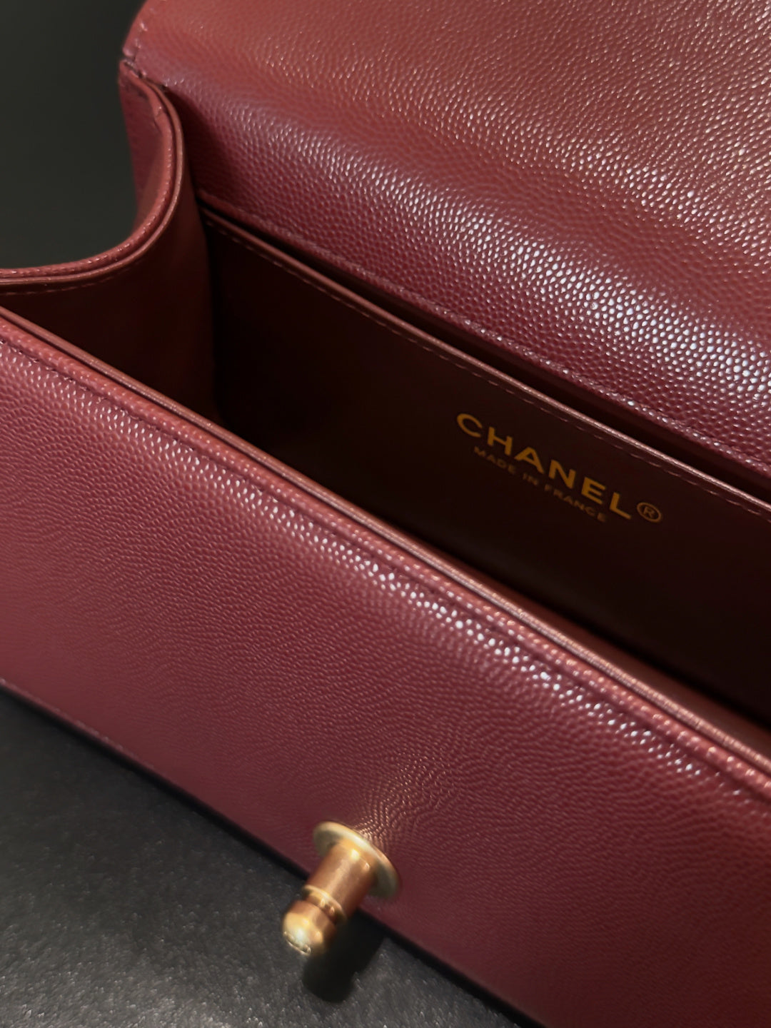 Chanel 26 A Le Boy Bag — Date Red with Antique Gold Hardware