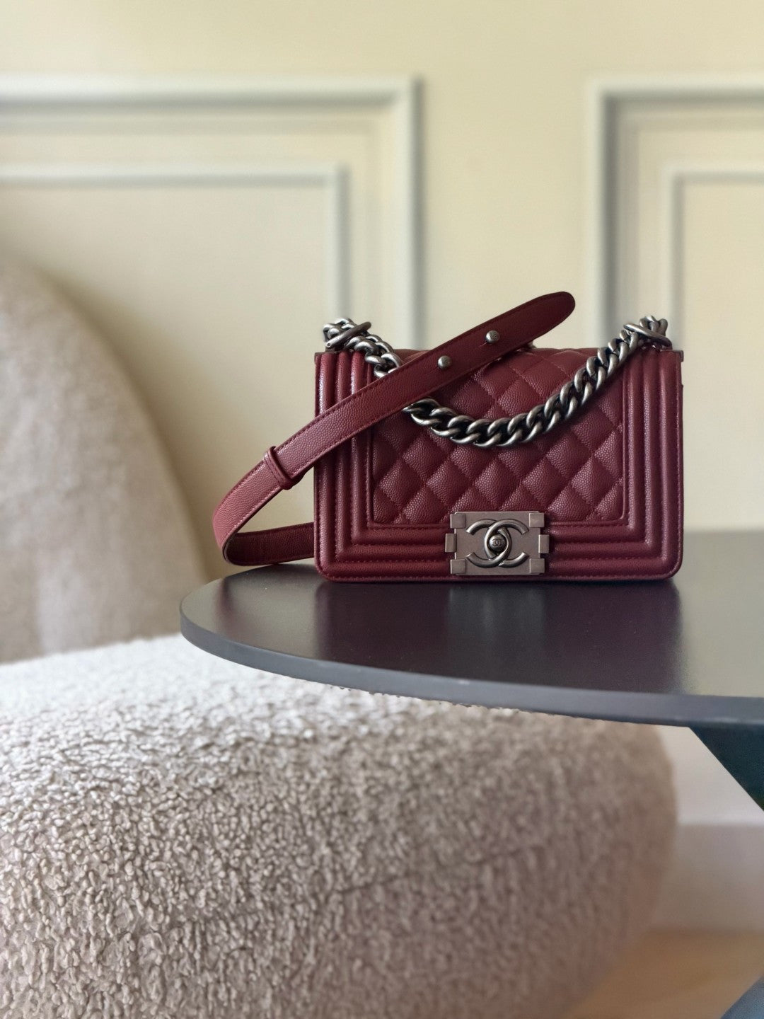 Chanel 26 A Le Boy Bag — Date Red with Antique Silver Hardware