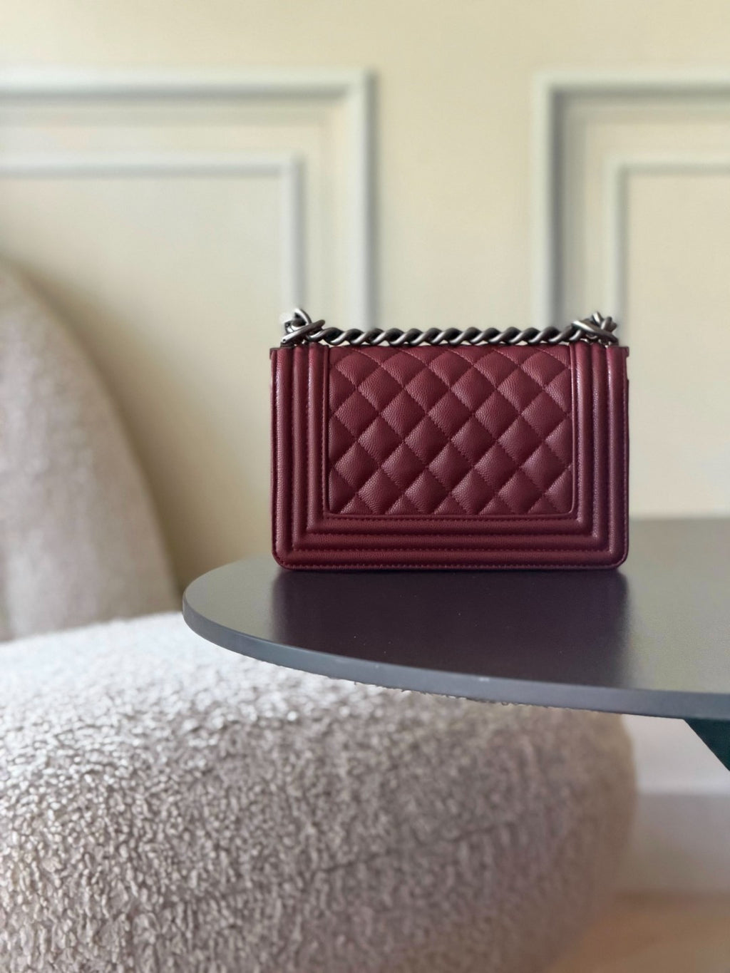 Chanel 26 A Le Boy Bag — Date Red with Antique Silver Hardware