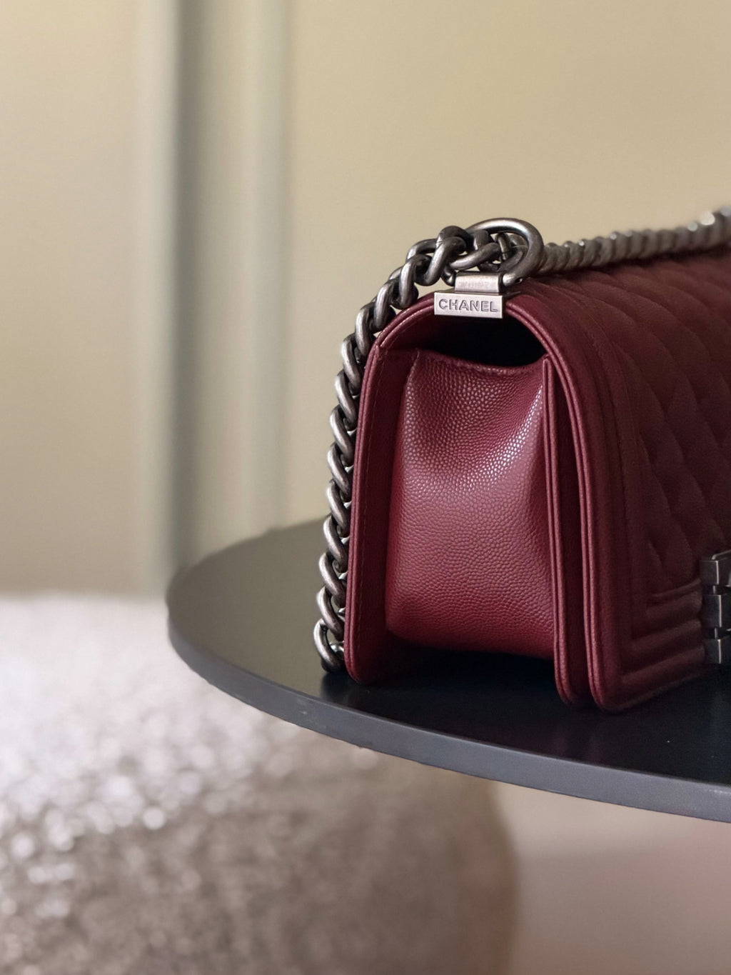 Chanel 26 A Le Boy Bag — Date Red with Antique Silver Hardware