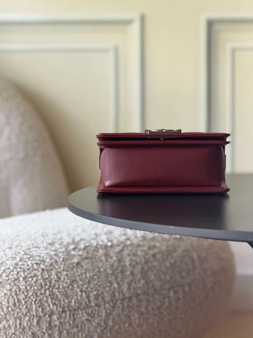 Chanel 26 A Le Boy Bag — Date Red with Antique Silver Hardware