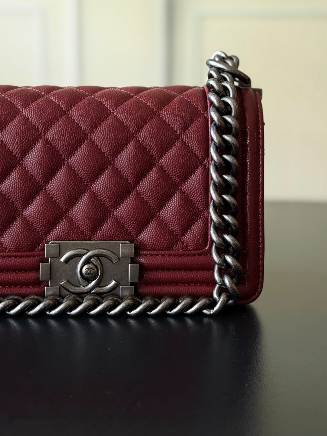 Chanel 26 A Le Boy Bag — Date Red with Antique Silver Hardware
