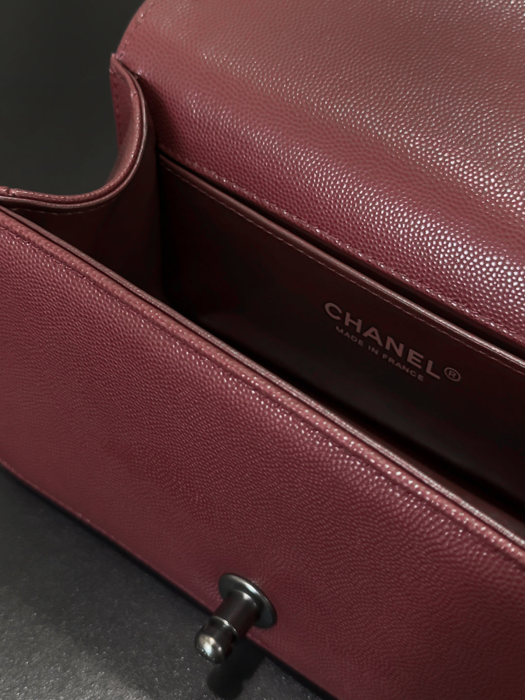 Chanel 26 A Le Boy Bag — Date Red with Antique Silver Hardware