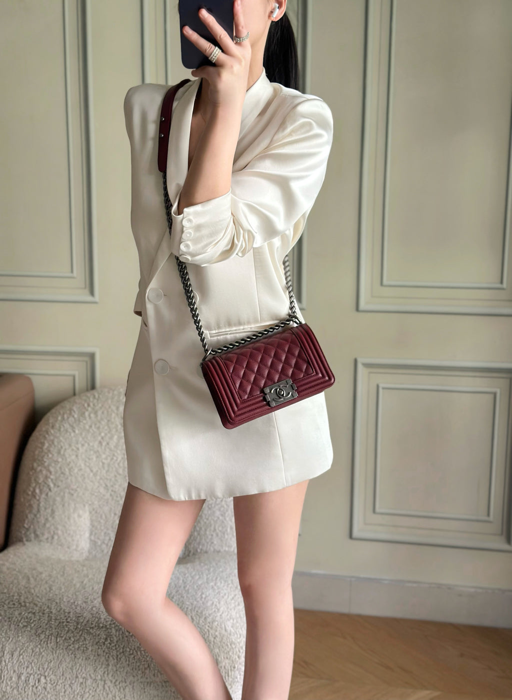 Chanel 26 A Le Boy Bag — Date Red with Antique Silver Hardware
