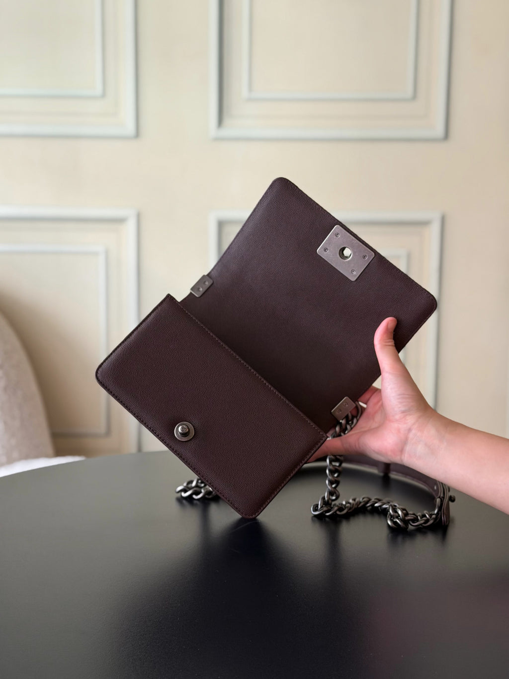 Chanel 26 A Le Boy Bag — Coffee Brown with Antique Silver Hardware