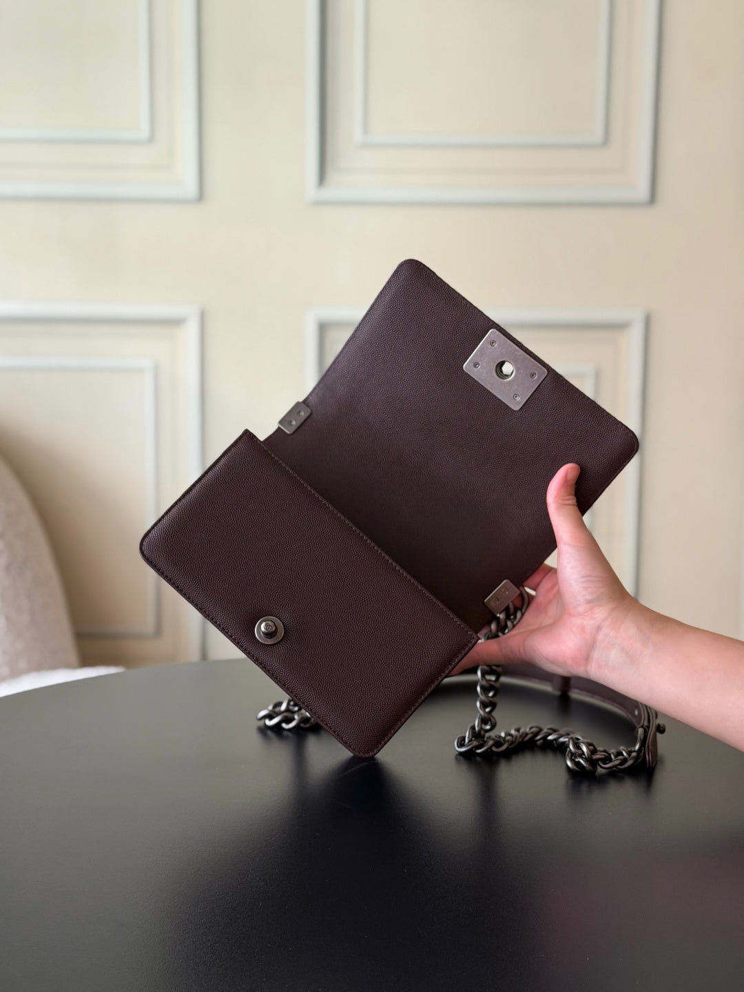 Chanel 26 A Le Boy Bag — Coffee Brown with Antique Silver Hardware