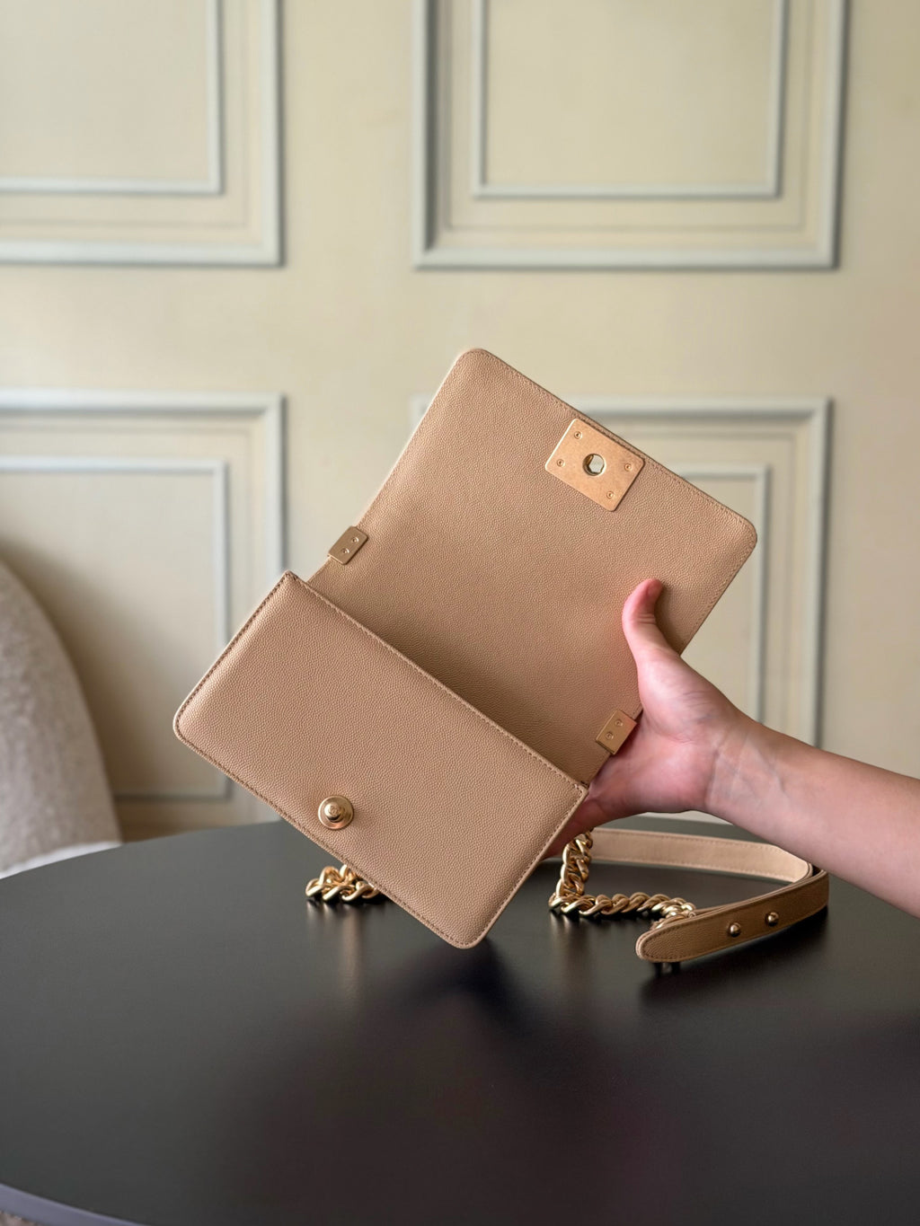 Chanel 26 A Le Boy Bag — Apricot with Antique Gold Hardware