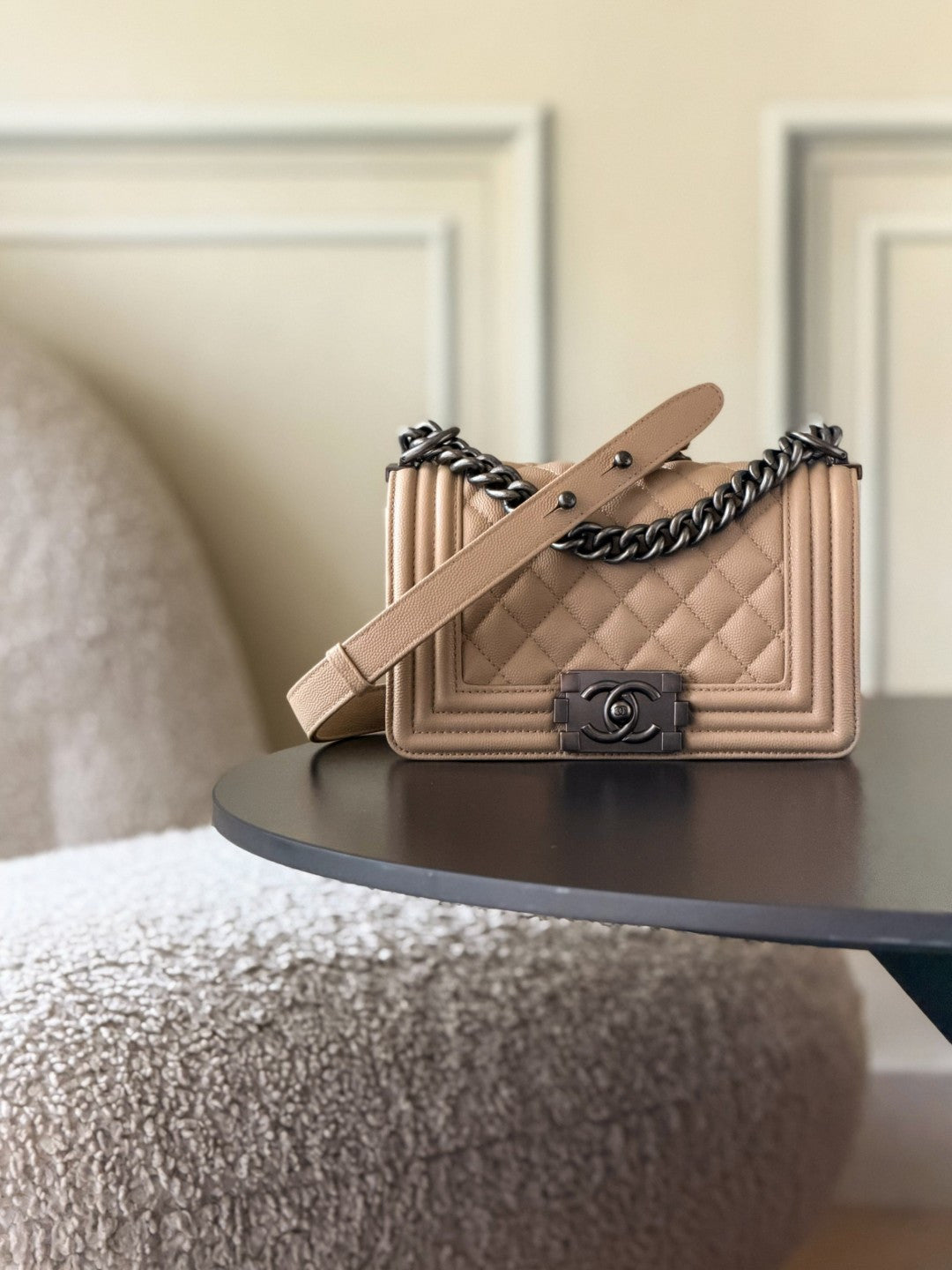 Chanel 26 A Le Boy Bag — Apricot with Antique Silver Hardware