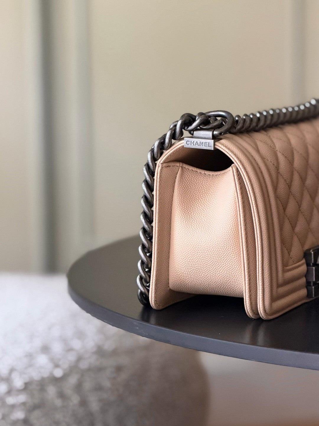 Chanel 26 A Le Boy Bag — Apricot with Antique Silver Hardware