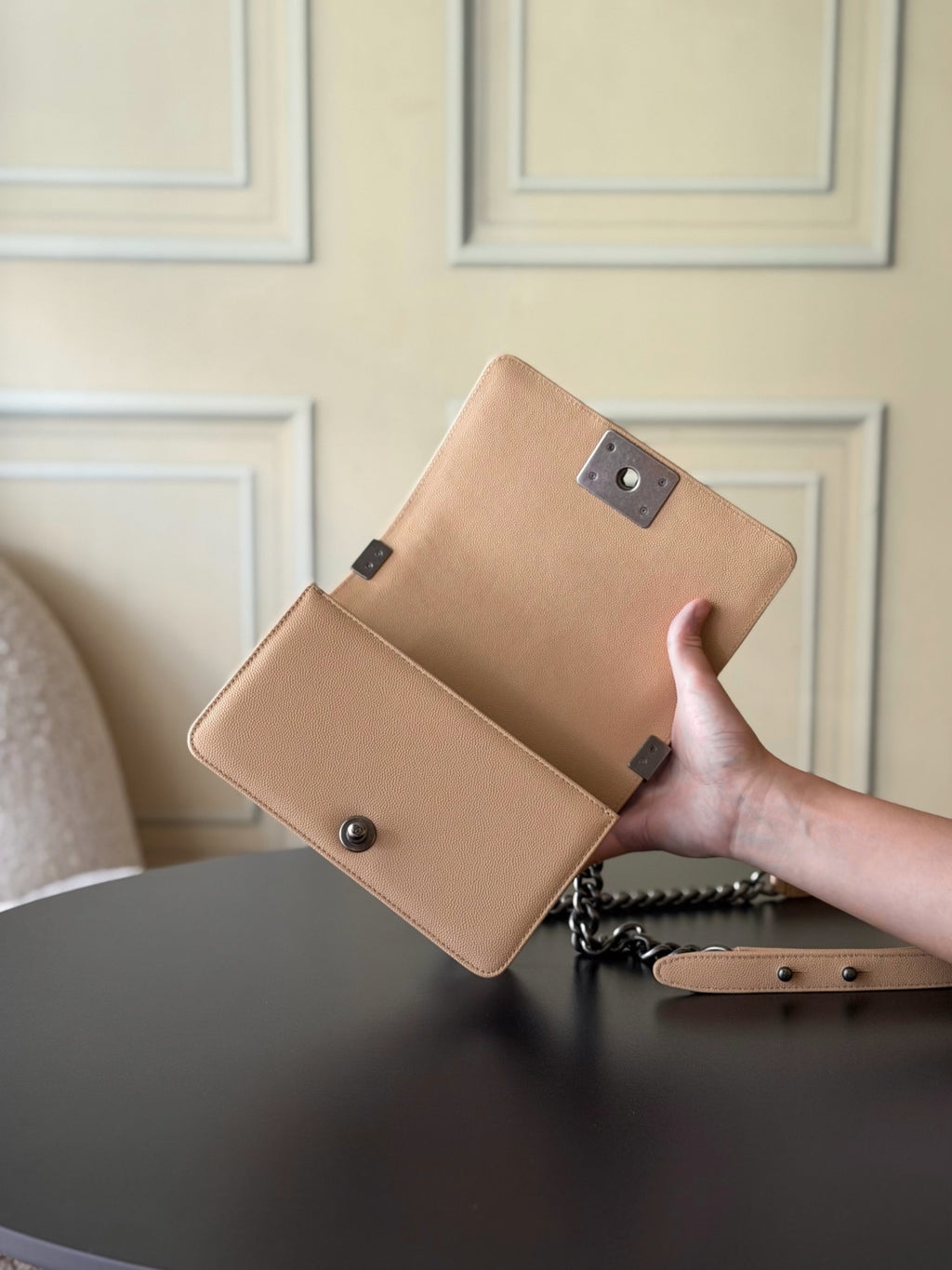 Chanel 26 A Le Boy Bag — Apricot with Antique Silver Hardware