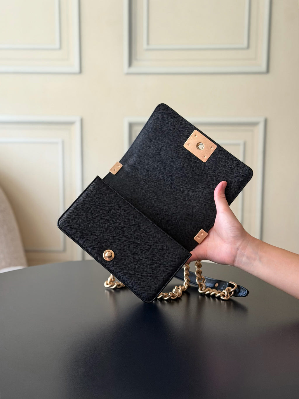 Chanel 26 A Le Boy Bag — Black with Antique Gold Hardware