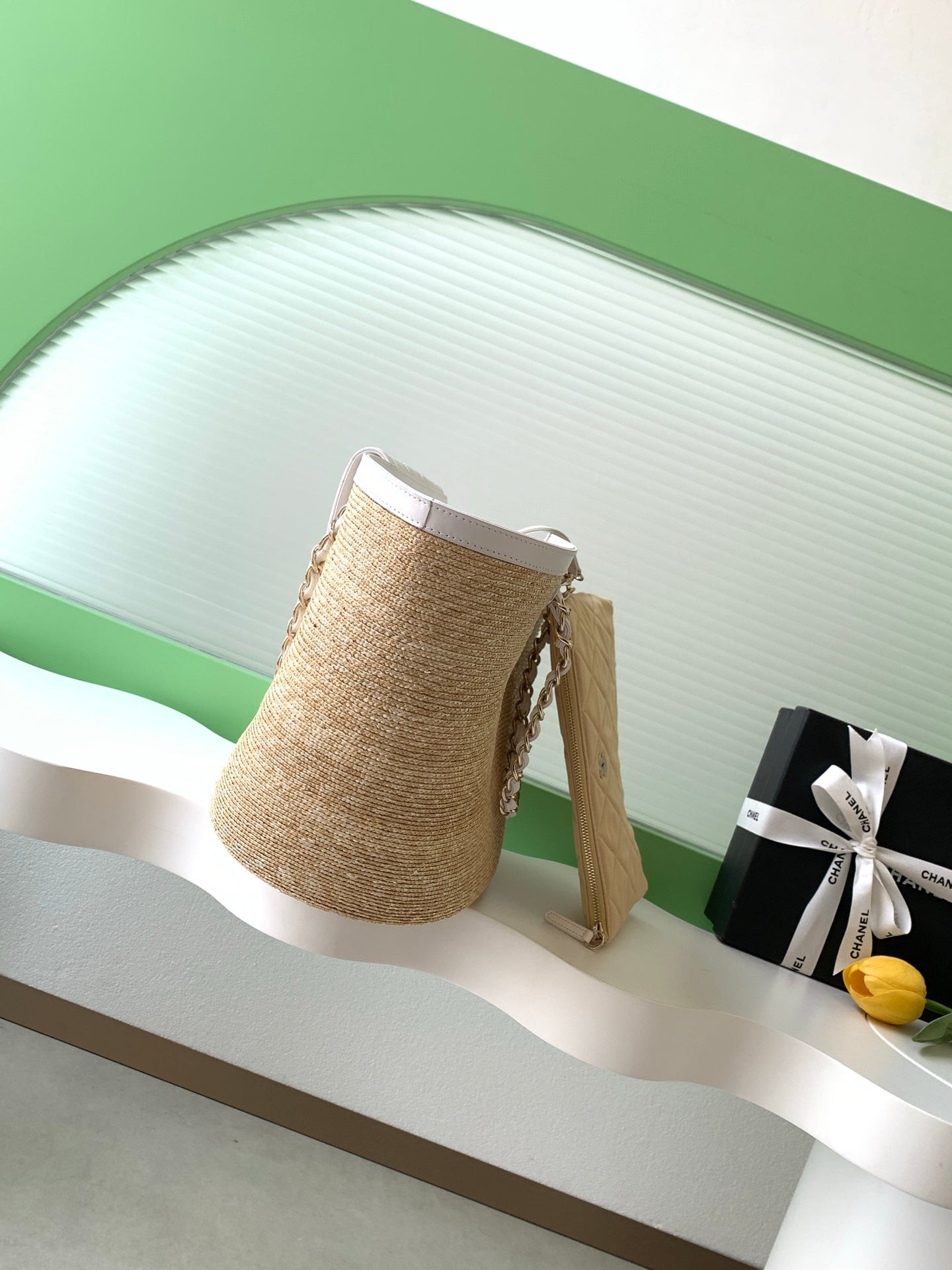 Chanel 26C Raffia & White Leather Basket Bag
