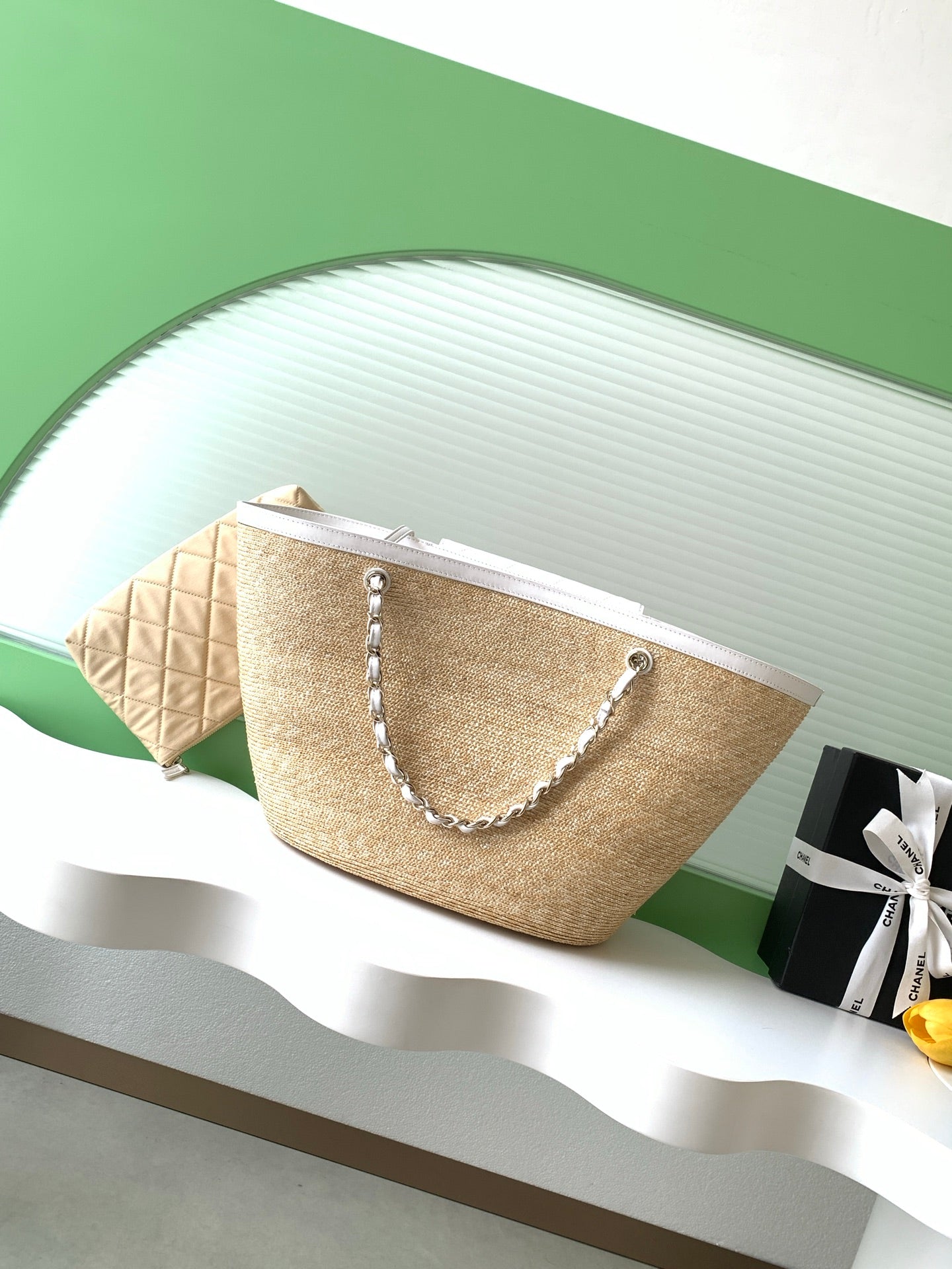 Chanel 26C Raffia & White Leather Basket Bag