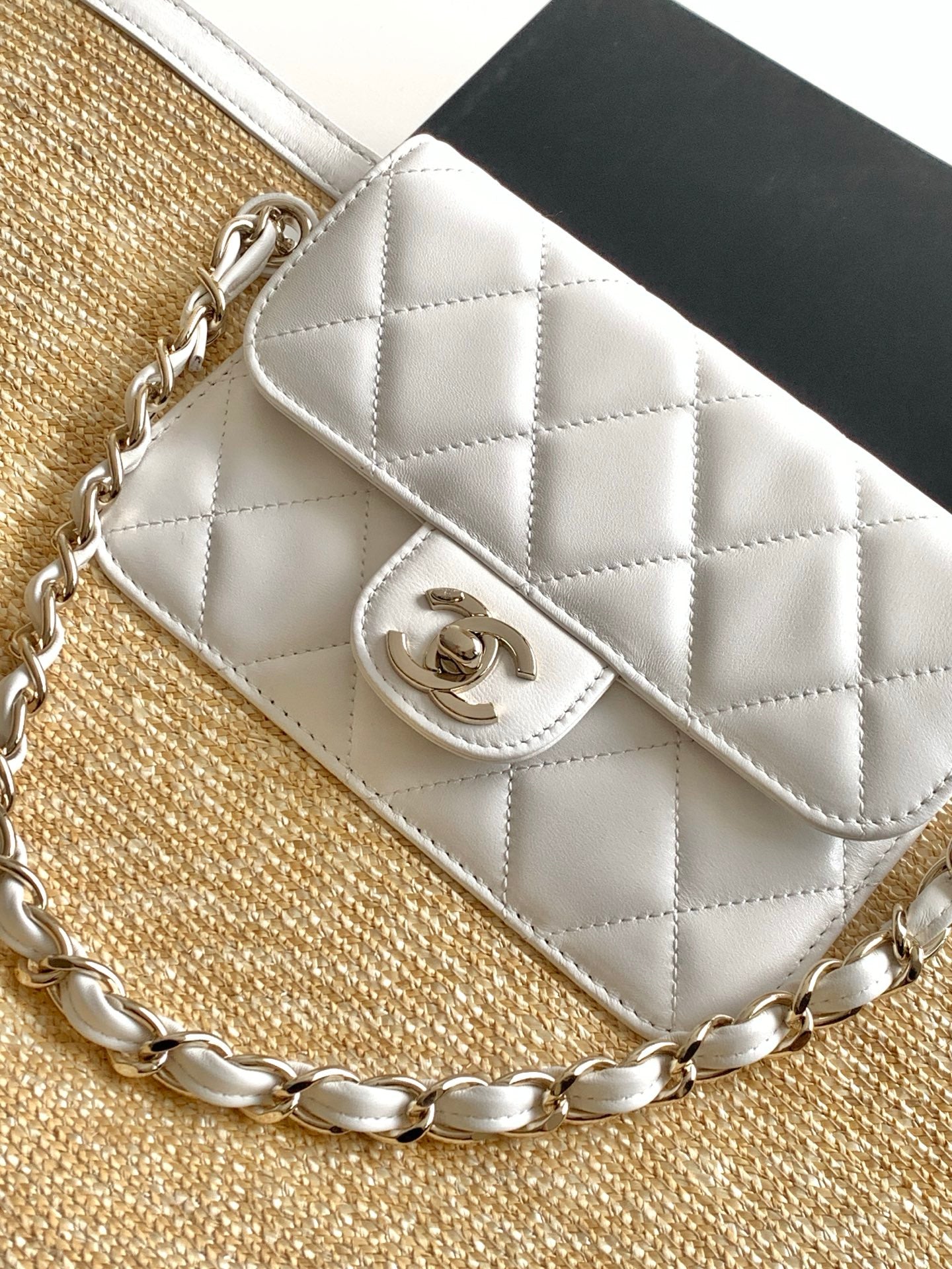 Chanel 26C Raffia & White Leather Basket Bag