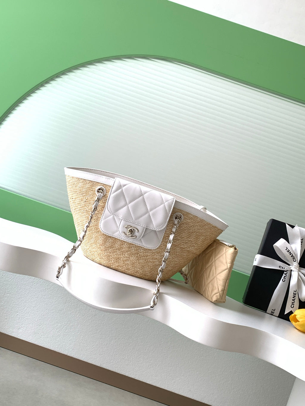 Chanel 26C Raffia & White Leather Basket Bag